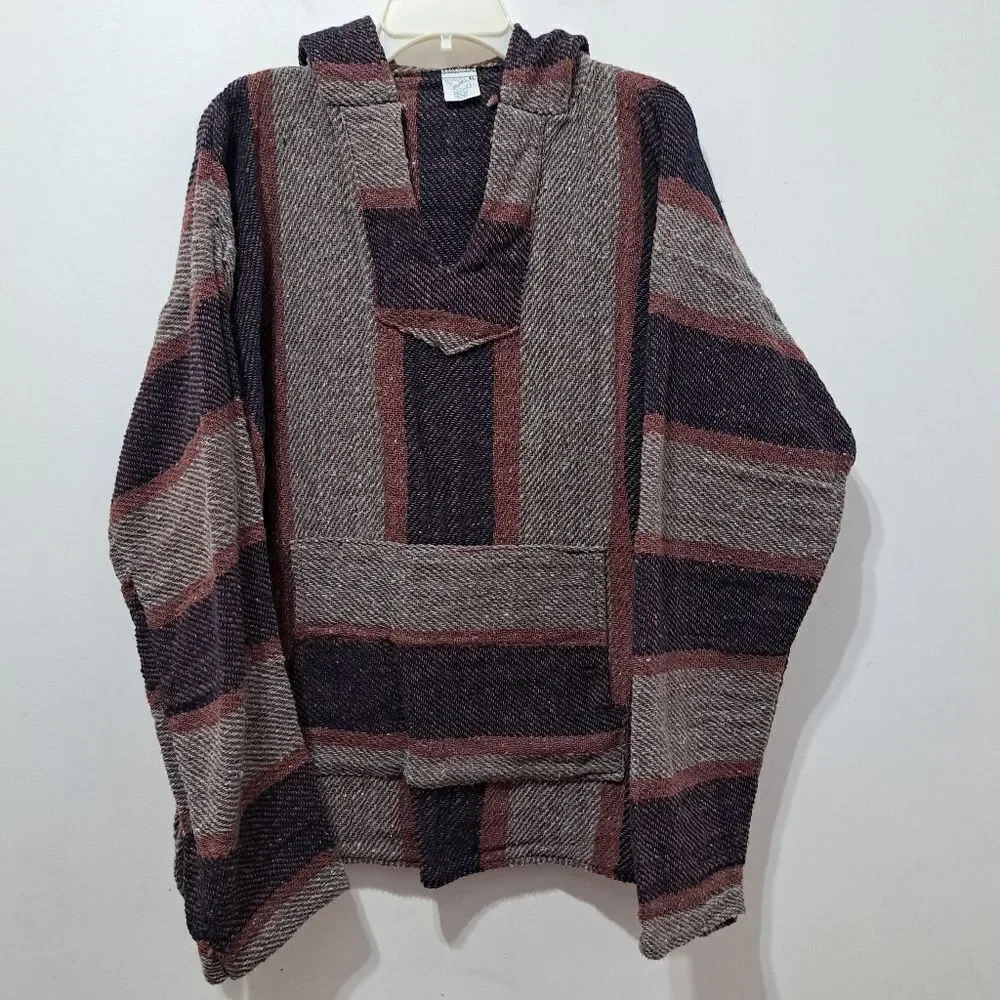 Mexport Hippie Ethnic Pullover Woven Grunge Y2K Hoodie Sweater XL Multi-Color